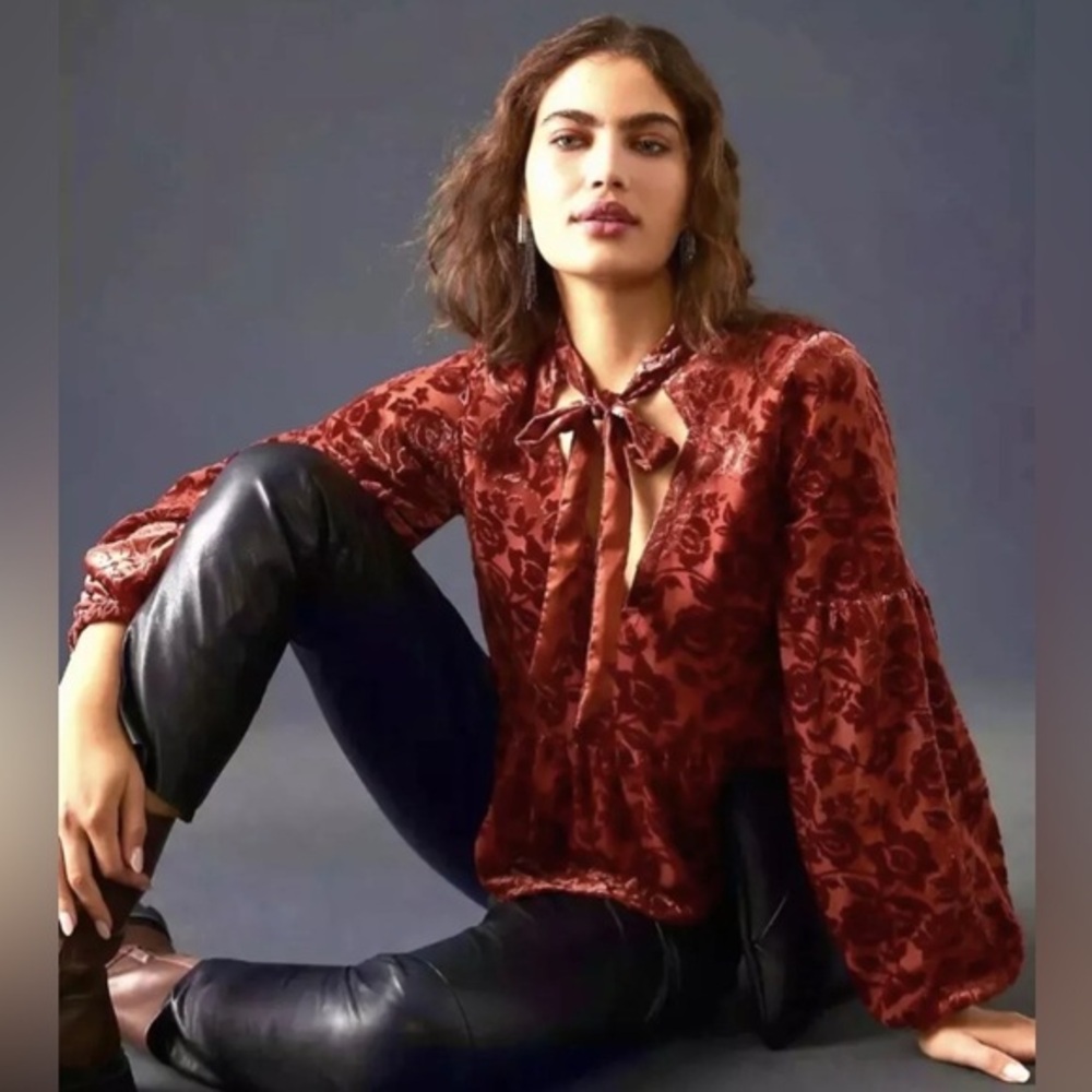 Anthropologie Rust Red Velvet Tie Front Blouse with Relaxed Sleeves - Picture 8 of 10